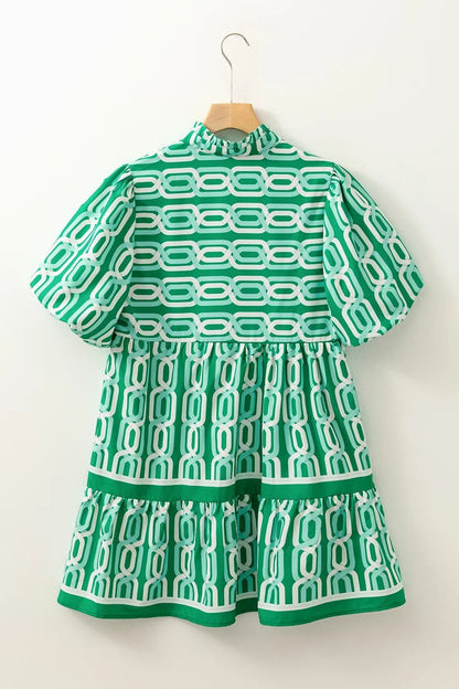 Abstract Patterned V Neck Puff Short Sleeve Mini Dress - adritiX
