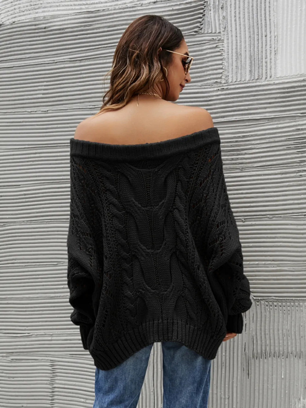 Cable Knit Openwork Off-Shoulder Sweater - adritiX