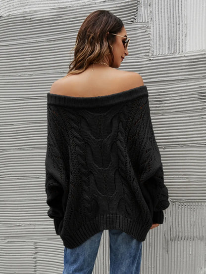 Cable Knit Openwork Off-Shoulder Sweater - adritiX