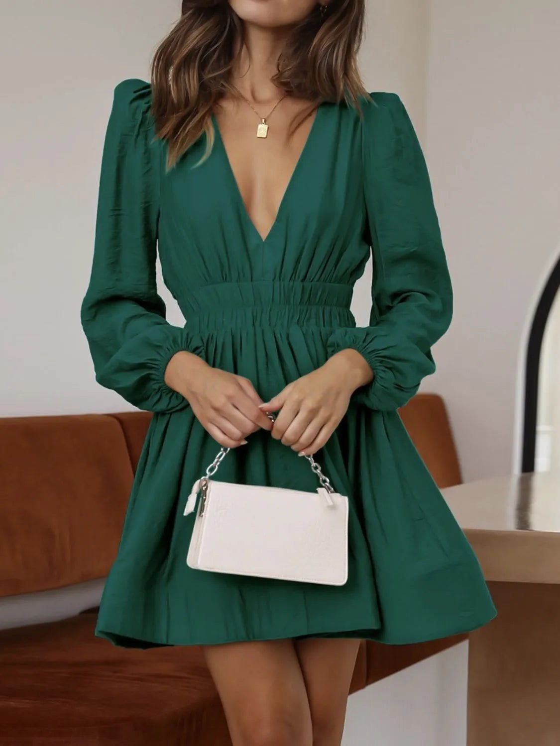 Ruched V-Neck Balloon Sleeve Mini Dress - adritiX