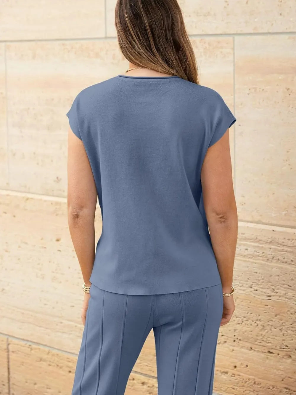 Round Neck Cap Sleeve Top and Pants Knit Set - adritiX