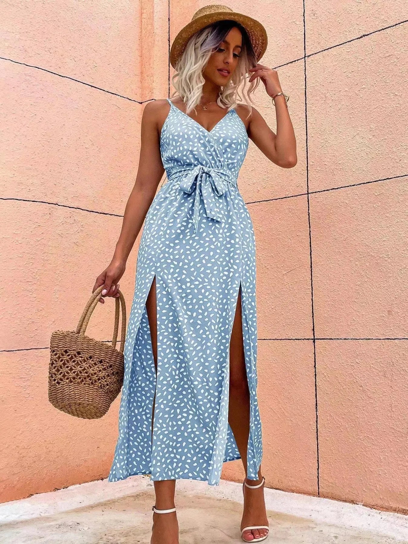 Slit Printed Surplice Midi Dress - adritiX