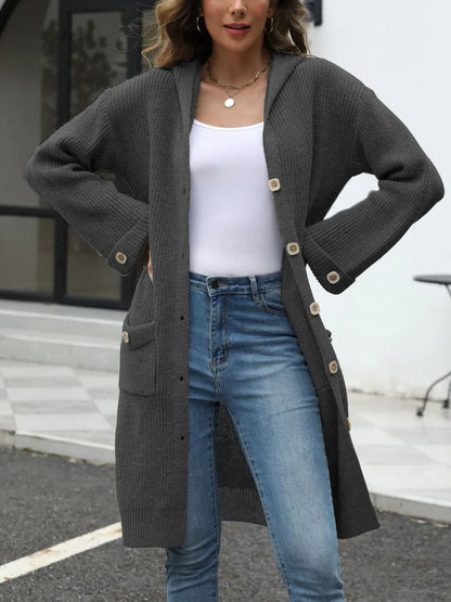 Pocketed Button Up Long Sleeve Hooded Cardigan - adritiX