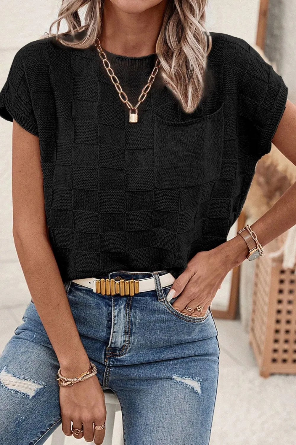 Pocketed Checkered Round Neck Knit Top - adritiX