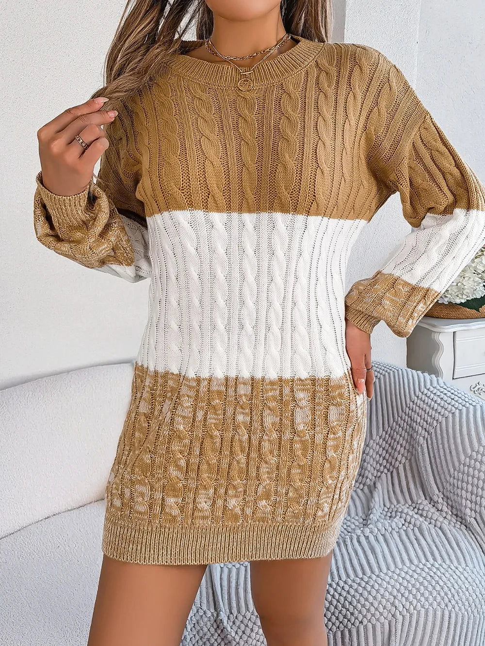 Cable-Knit Round Neck Color Block Sweater Dress - adritiX