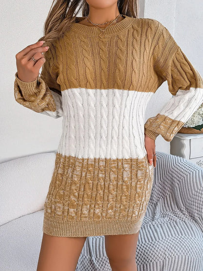 Cable-Knit Round Neck Color Block Sweater Dress - adritiX