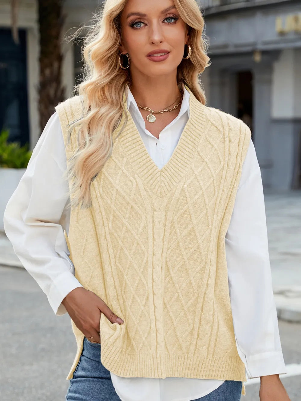 Cable Knit V-Neck Sweater Vest - adritiX
