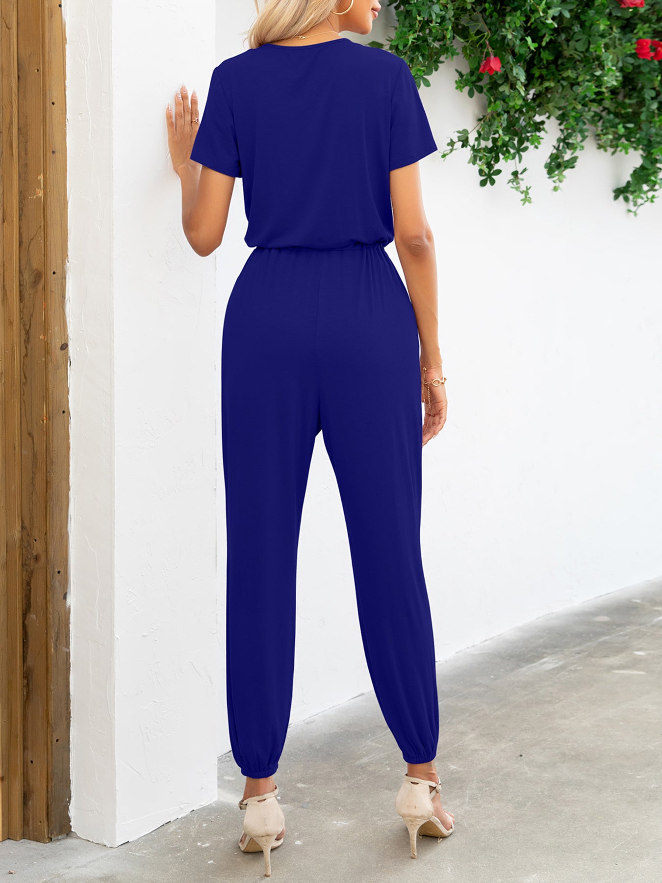 Elegant Short Sleeve V-Neck Jumpsuit with Pockets - adritiX