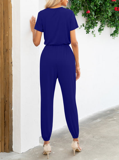 Elegant Short Sleeve V-Neck Jumpsuit with Pockets - adritiX
