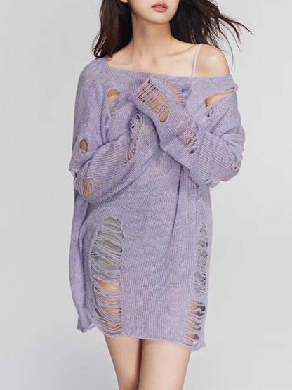 Distressed Boat Neck Knit Cover Up - adritiX