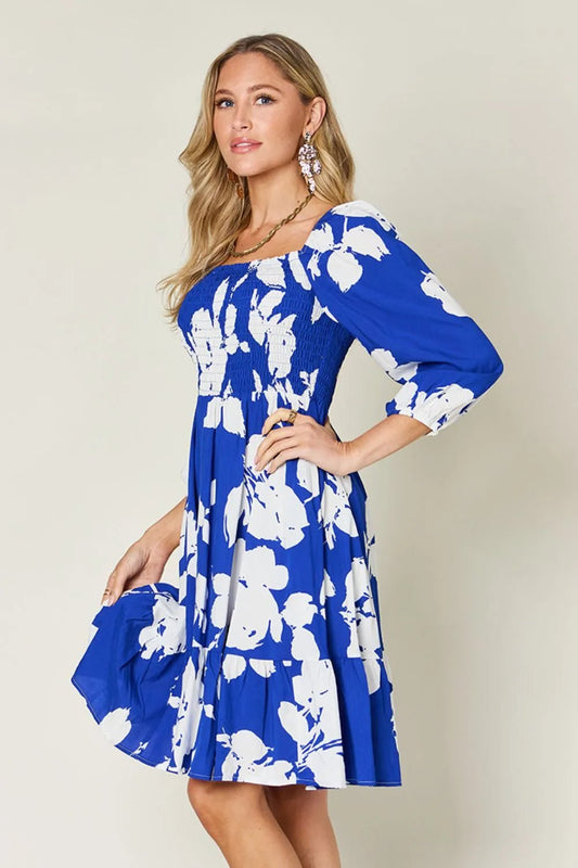 Double Take Full Size Floral Ruffle Hem Smocked Dress with Pockets - adritiX