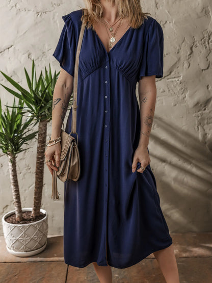 V Neck Buttoned Front Shirred Back Short Sleeve Midi Dress - adritiX
