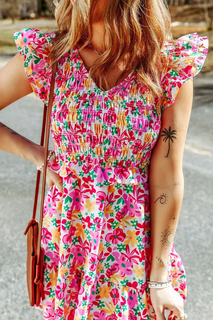 Smocked Floral V-Neck Ruffled Cap Sleeve Dress - adritiX