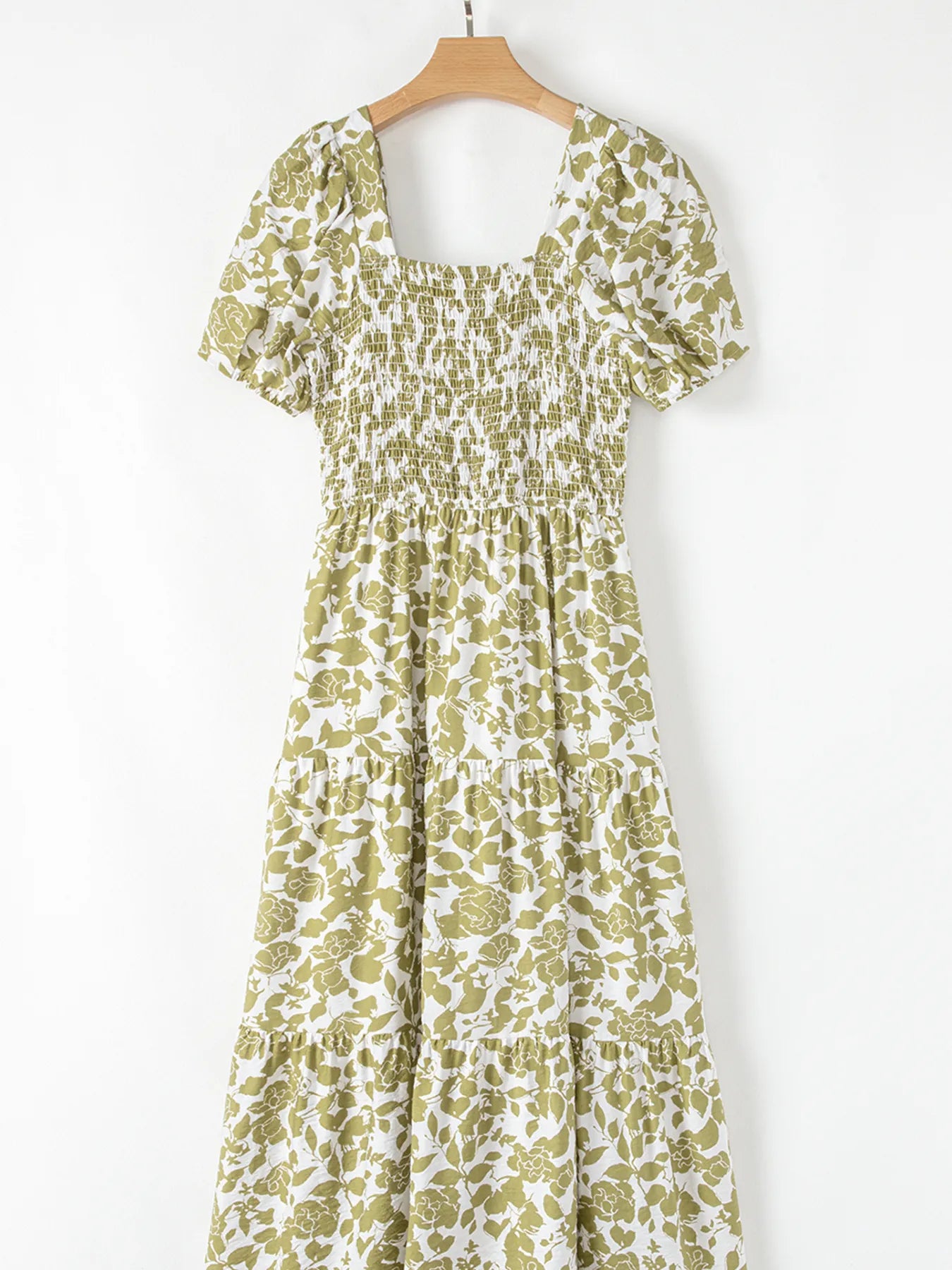 Boho Floral Square Neck Smocked Bust Puff Sleeve Tiered Dress - adritiX