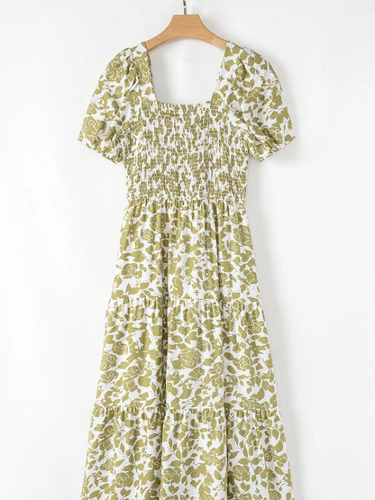 Boho Floral Square Neck Smocked Bust Puff Sleeve Tiered Dress - adritiX