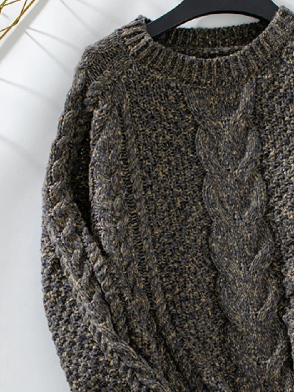 Cable Knit Round Neck Cold Shoulder Sweater - adritiX