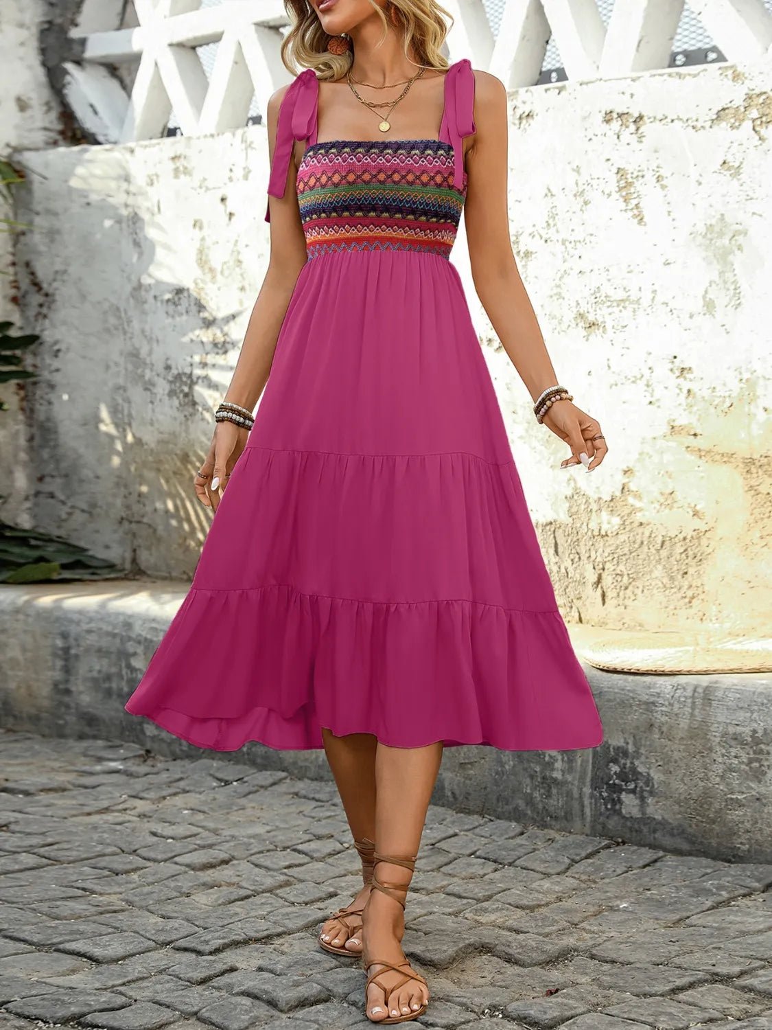Tie Shoulder Tiered Midi Dress - adritiX