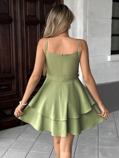Ruffle Layered Cami Mini Dress with Bow Belt - adritiX