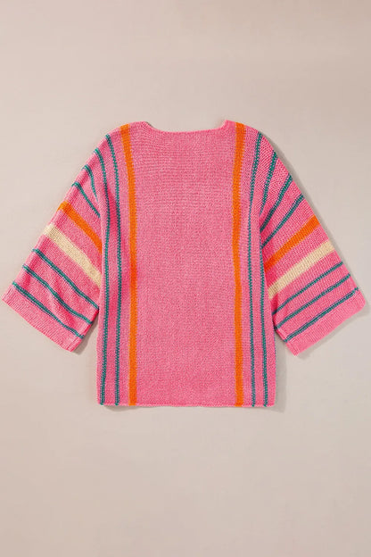 Striped Boat Neck Three-Quarter Sleeve Knit Top - adritiX