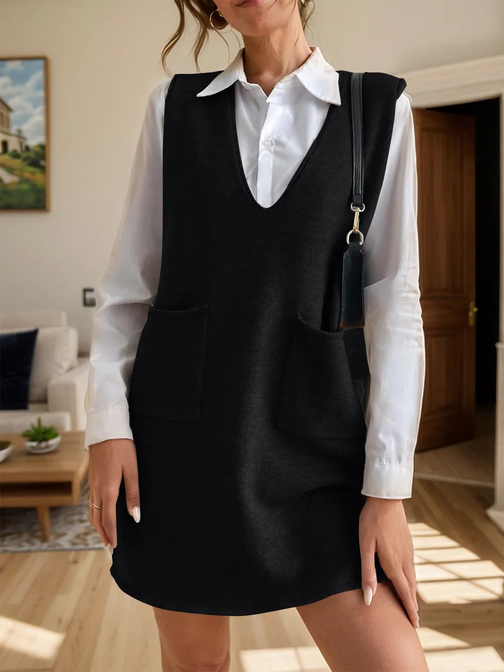 V-Neck Sleeveless Sweater Dress with Pockets - adritiX