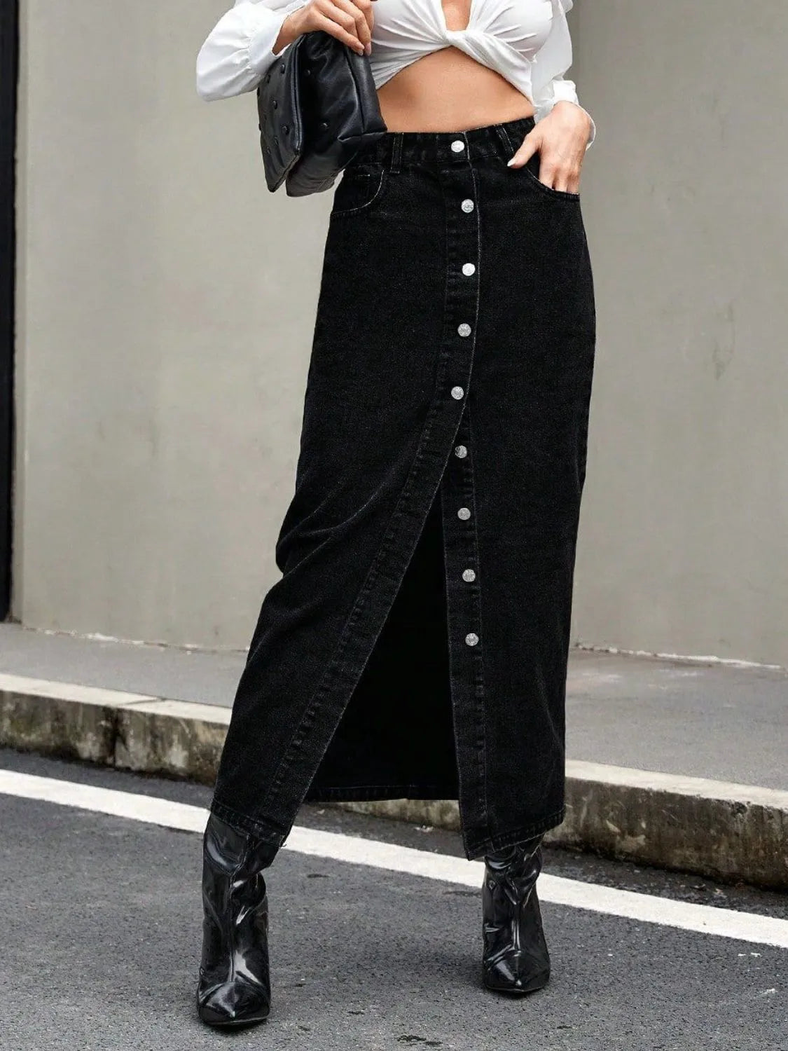 Button Front Denim Skirt - adritiX