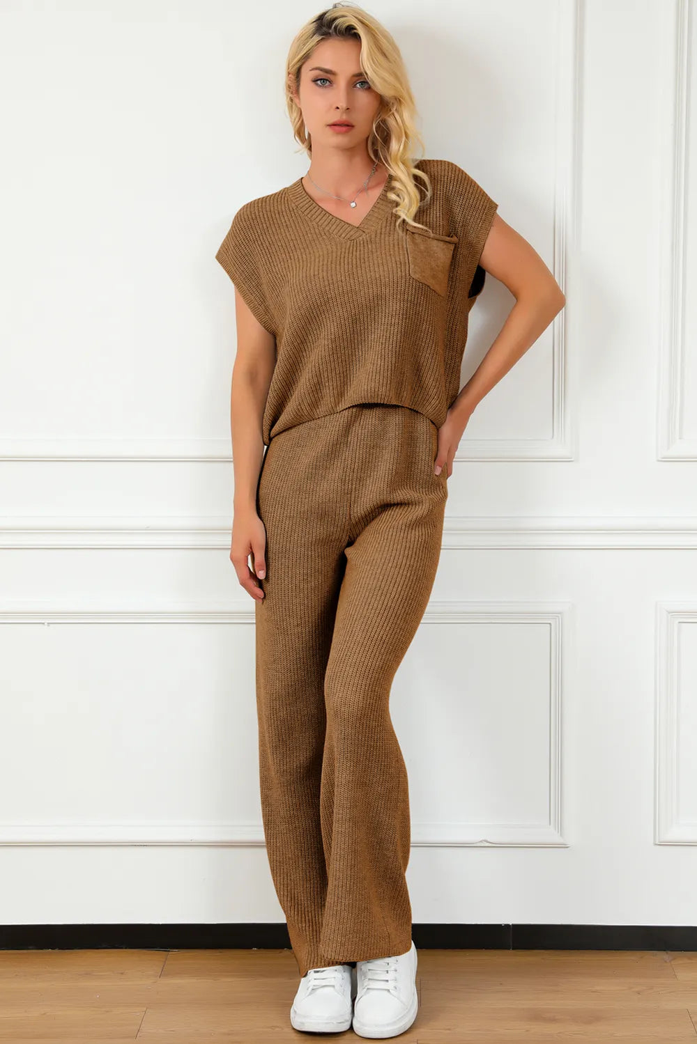 Pocketed V-Neck Top and Wide Leg Sweater Set - adritiX
