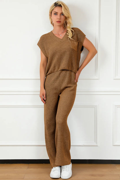 Pocketed V-Neck Top and Wide Leg Sweater Set - adritiX