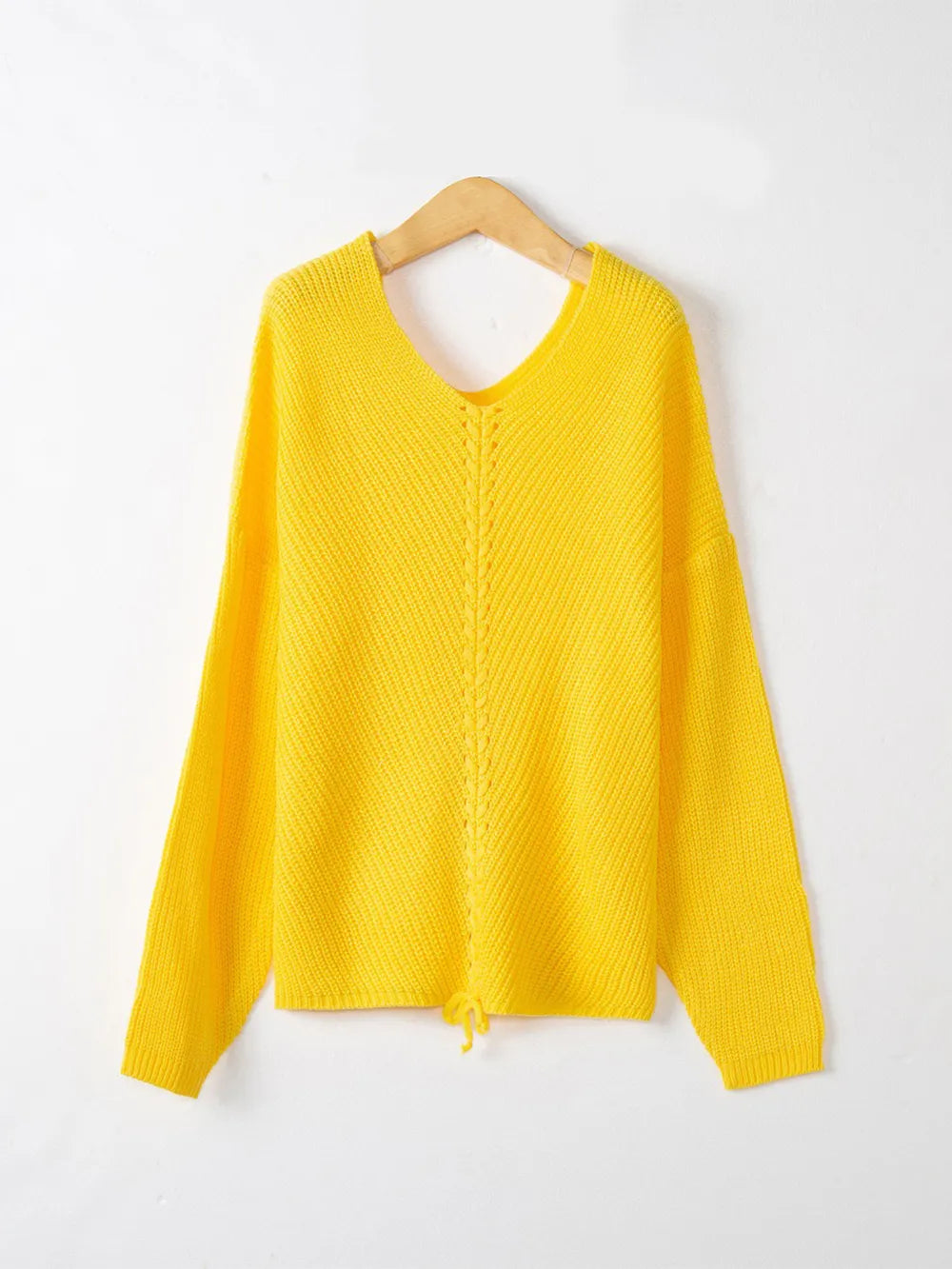 Full Size Lace Up V-Neck Long Sleeve Sweater - adritiX