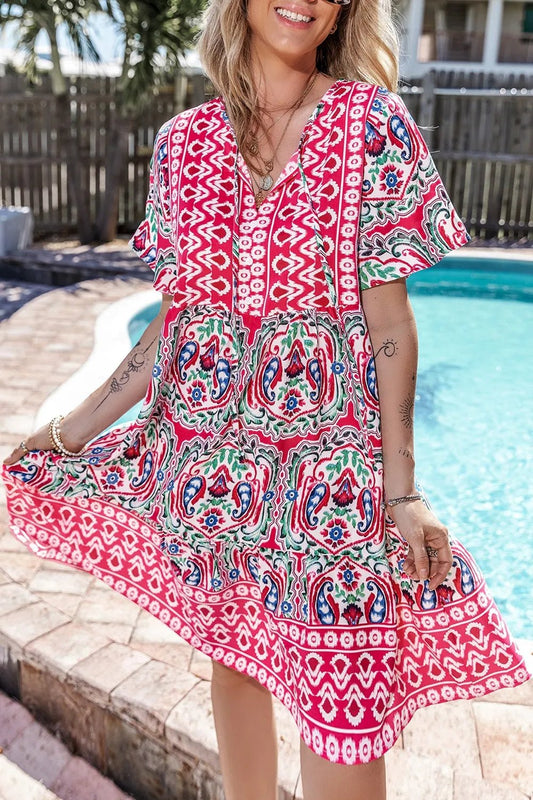 Printed Tie Neck Short Sleeve Dress - adritiX