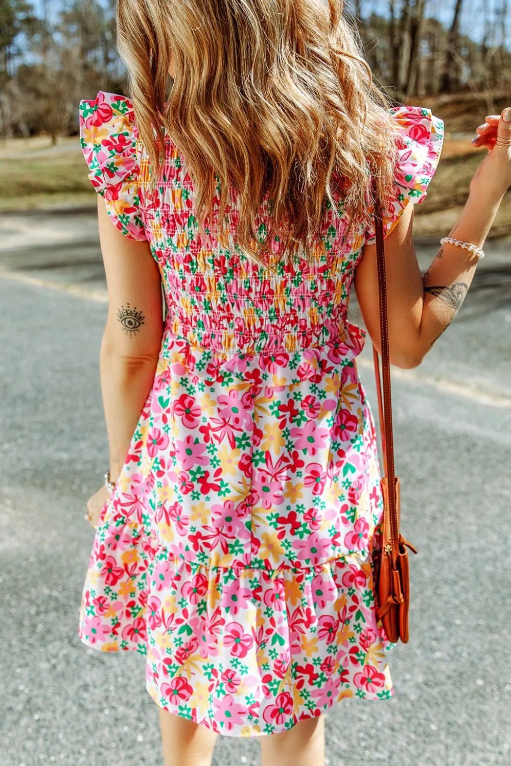 Smocked Floral V-Neck Ruffled Cap Sleeve Dress - adritiX