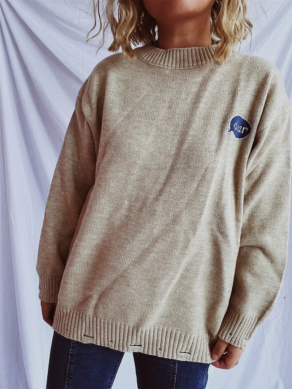 Embroidered Round Neck Dropped Shoulder Sweater - adritiX