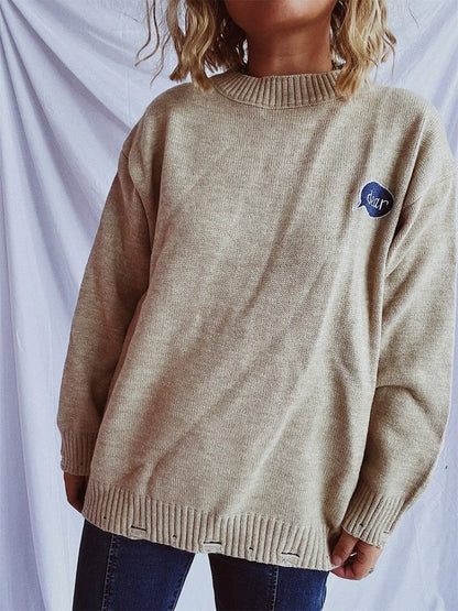Embroidered Round Neck Dropped Shoulder Sweater - adritiX