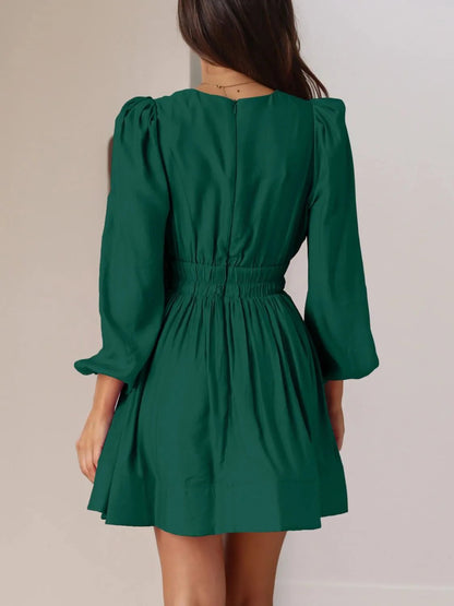 Ruched V-Neck Balloon Sleeve Mini Dress - adritiX