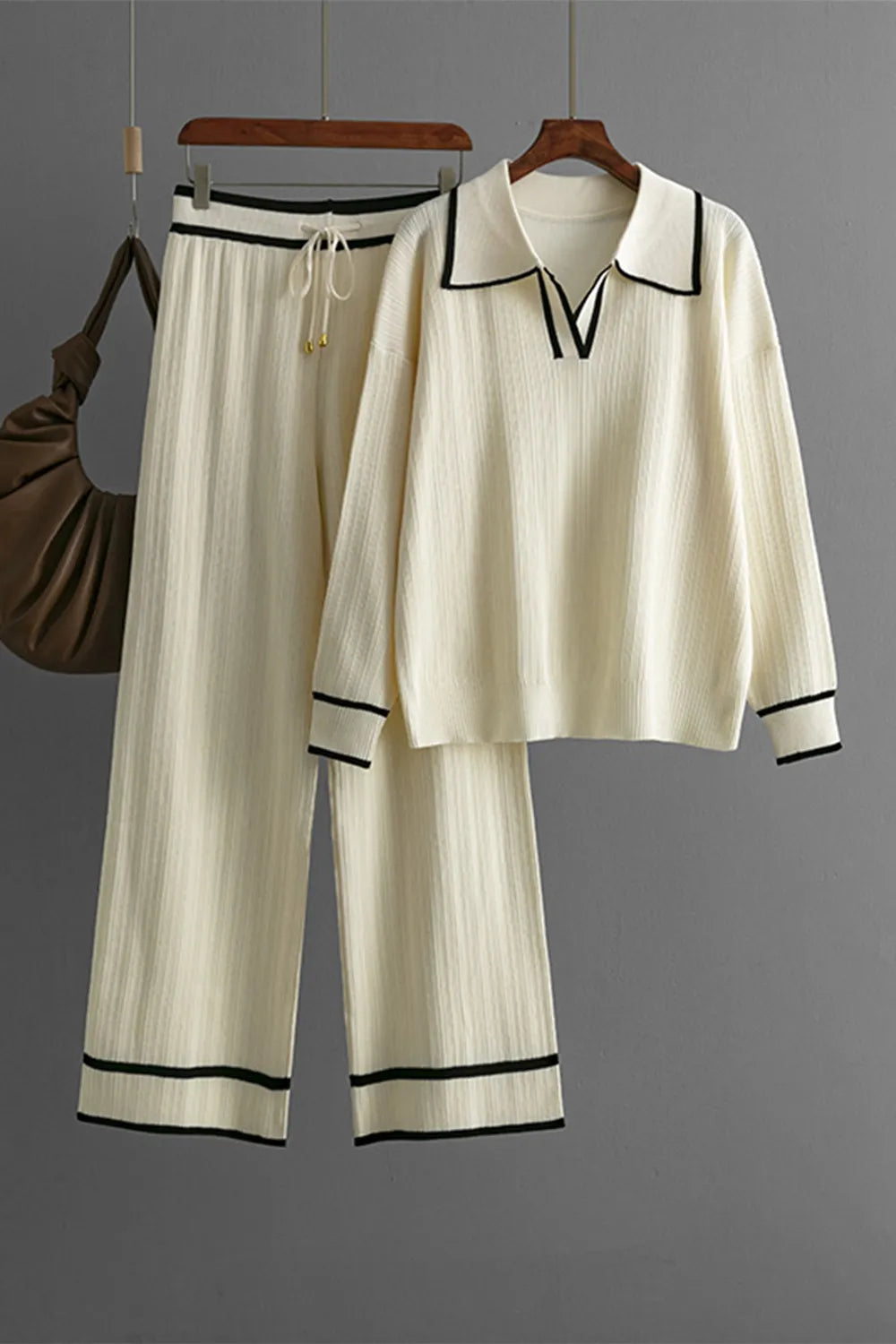 Contrast Trim Johnny Collar Top and Drawstring Pants Sweater Set - adritiX