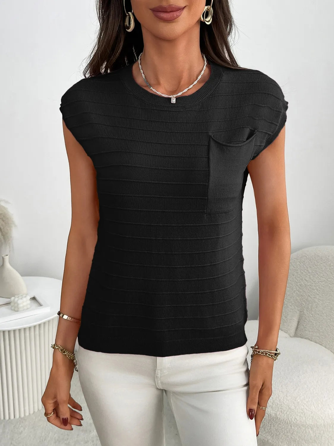 Round Neck Cap Sleeve Knit Top - adritiX