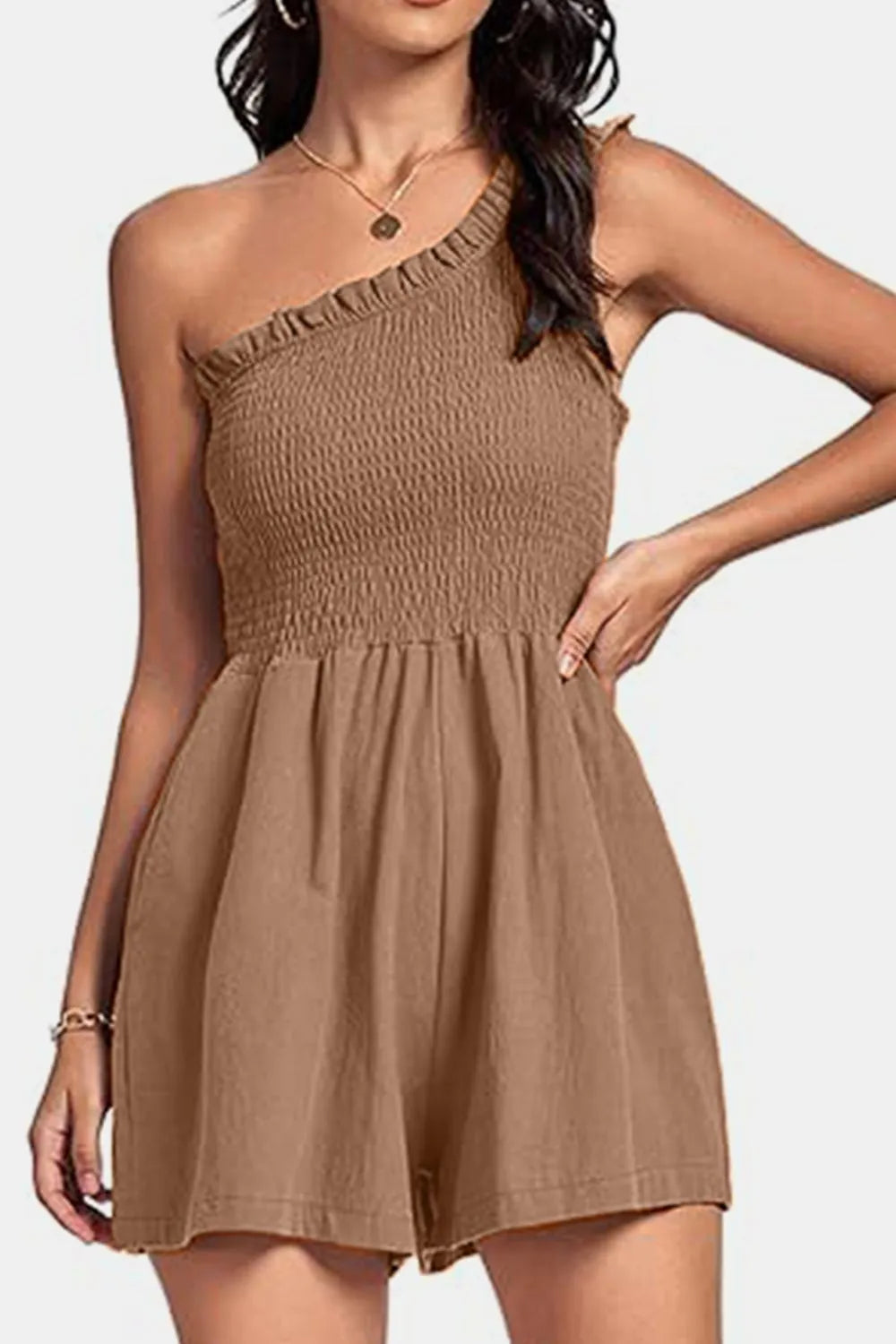 Elegant Smocked Single Shoulder Romper - adritiX