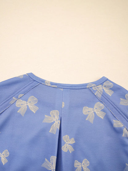 Bow Knot Print Crewneck Ruffled Sleeve Shift Mini Dress - adritiX