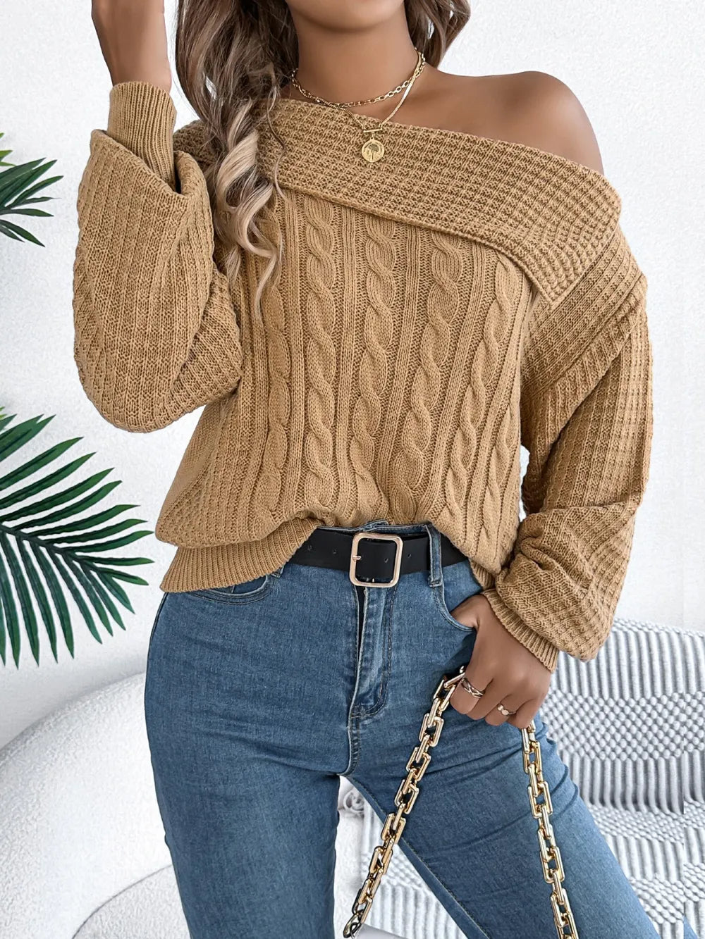 Cable-Knit One Shoulder Long Sleeve Sweater - adritiX