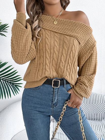 Cable-Knit One Shoulder Long Sleeve Sweater - adritiX