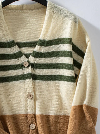 Color Block V-Neck Button Down Long Sleeve Cardigan - adritiX