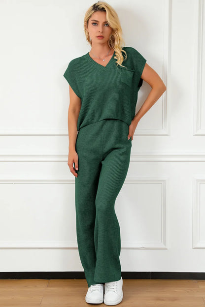 Pocketed V-Neck Top and Wide Leg Sweater Set - adritiX