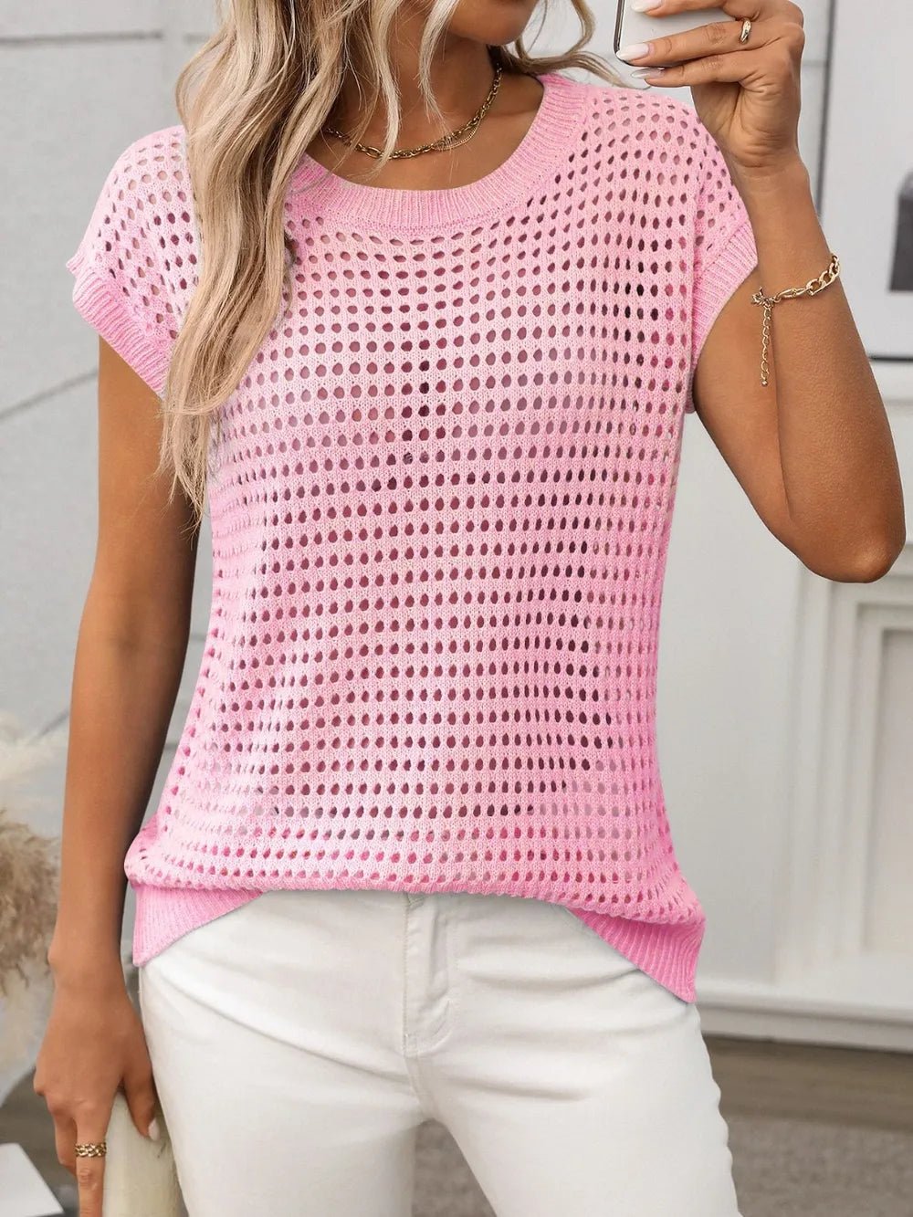 Openwork Round Neck Short Sleeve Knit Cover Up - adritiX