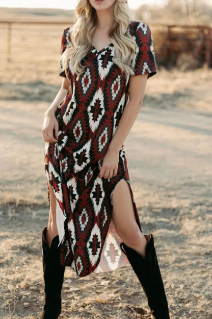 Aztec Print V-Neck Midi Dress - adritiX
