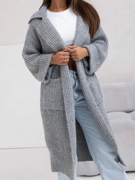 Pocketed Collared Neck Dropped Shoulder Cardigan - adritiX