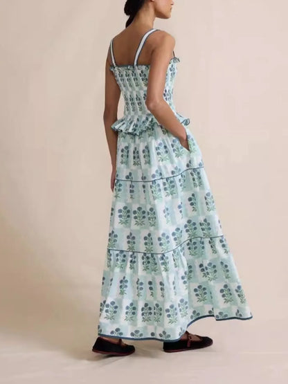 Bohemian Floral Print Smocked Tiered Maxi Dress - adritiX
