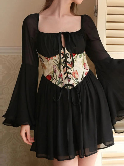 Floral Lace Up Long Sleeve Mini Dress - adritiX