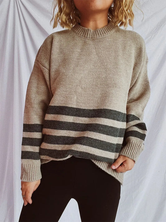 Striped Dropped Shoulder Long Sleeve Sweater - adritiX