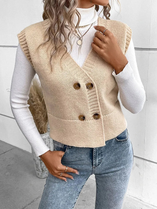 Full Size Button Up V-Neck Sweater Vest - adritiX