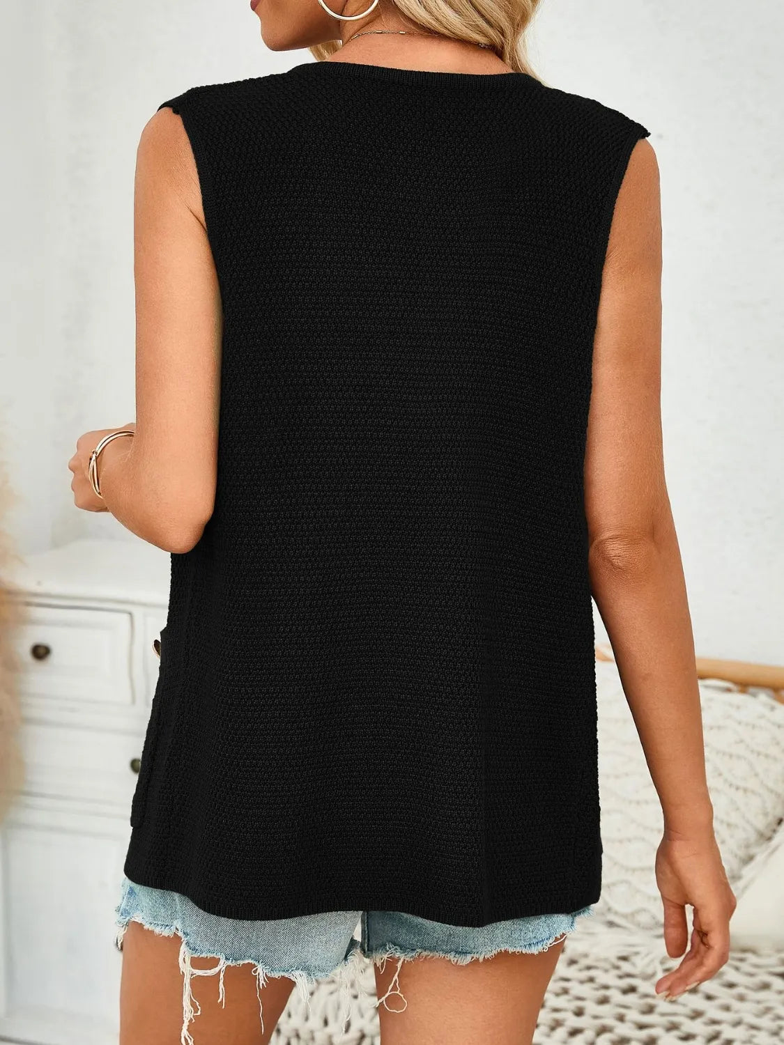 Button Down Round Neck Knit Vest - adritiX