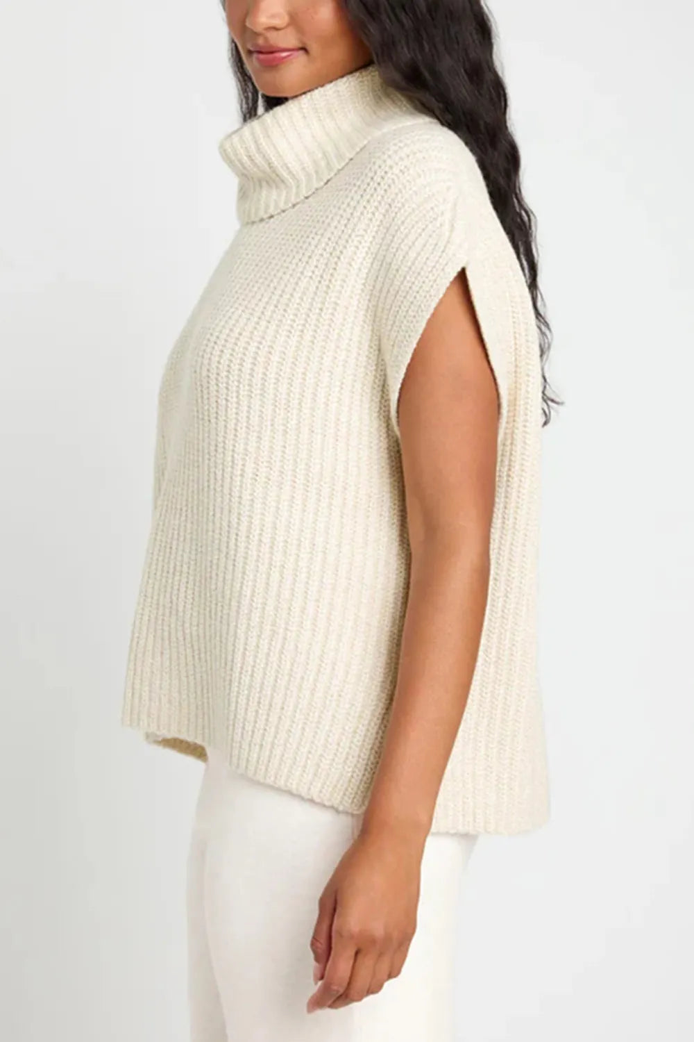 Slit Turtleneck Cap Sleeve Sweater - adritiX